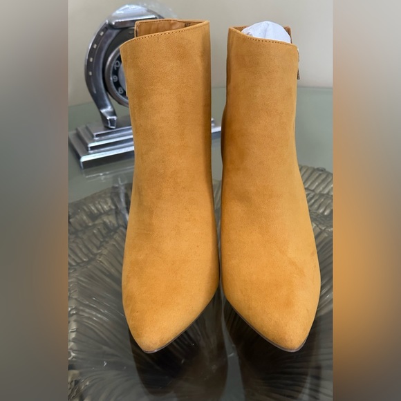 ShoeDazzle - Kaylee Mustard Cone Heeled Ankle Booties - Picture 6 of 10